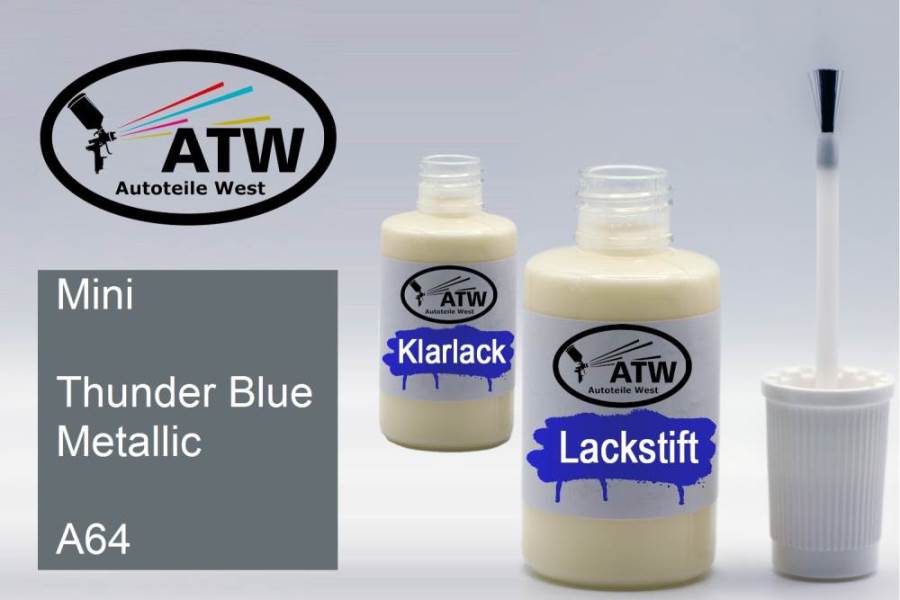 Mini, Thunder Blue Metallic, A64: 20ml Lackstift + 20ml Klarlack - Set, von ATW Autoteile West.